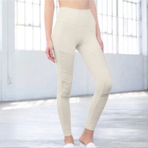 Alo Yoga Moto Leggings Cream Ribbed Panel Activewear Pants Athletic Small